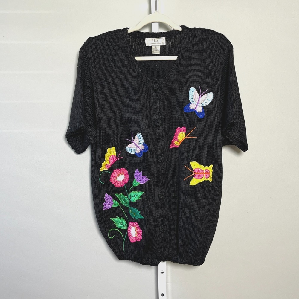 Vintage‎ Lisa International Short-Sleeve Cardigan 90s Whimsical Embroidery Sz L